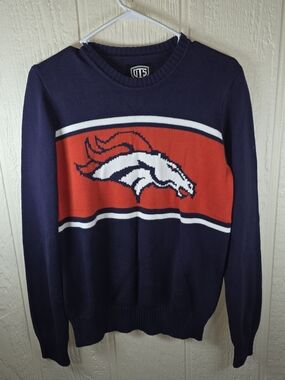Men's OTS Denver Broncos Knitted Sweater in Navy and Orange, Size Small
